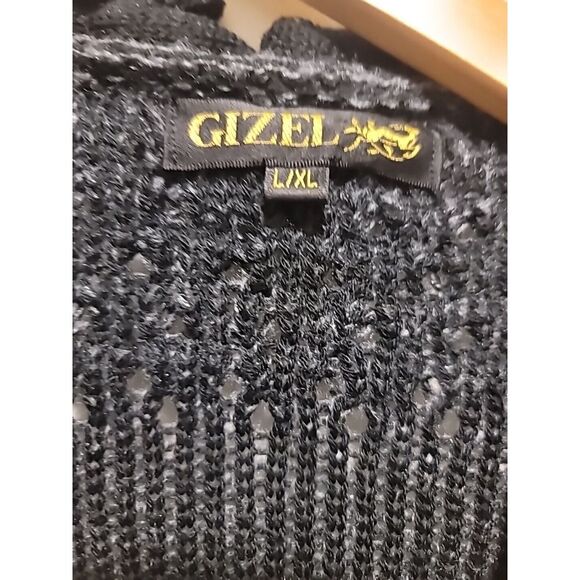 Vintage Gizel Sweater Coat Black Knit Crochet Cardigan Wooden* Buttons L/XL - Picture 7 of 8